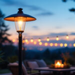 A photograph of a beautifully lit outdoor patio scene featuring stylish patio lamps in use during twilight