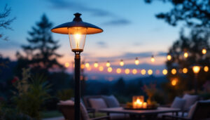 A photograph of a beautifully lit outdoor patio scene featuring stylish patio lamps in use during twilight