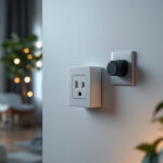 A photograph of a lighting contractor efficiently installing a modern square outlet in a beautifully lit residential space