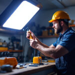 A photograph of a well-lit garage workspace featuring a lighting contractor installing or adjusting a high-quality garage light