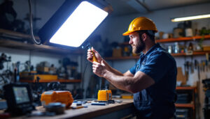 A photograph of a well-lit garage workspace featuring a lighting contractor installing or adjusting a high-quality garage light