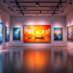 A photograph of a beautifully lit art gallery showcasing various artworks