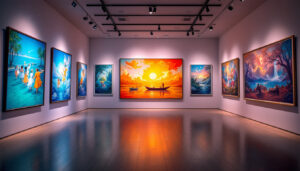 A photograph of a beautifully lit art gallery showcasing various artworks