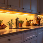 A photograph of a beautifully lit kitchen featuring under cabinet tape lighting that highlights the countertops and creates an inviting atmosphere