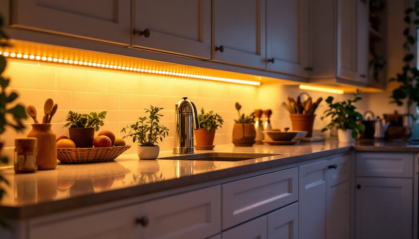 A photograph of a beautifully lit kitchen featuring under cabinet tape lighting that highlights the countertops and creates an inviting atmosphere