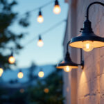 A photograph of a well-lit outdoor space showcasing various stylish and functional light fixtures in use