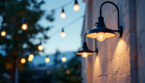 A photograph of a well-lit outdoor space showcasing various stylish and functional light fixtures in use