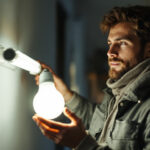A photograph of a person safely changing a fluorescent bulb in a well-lit setting