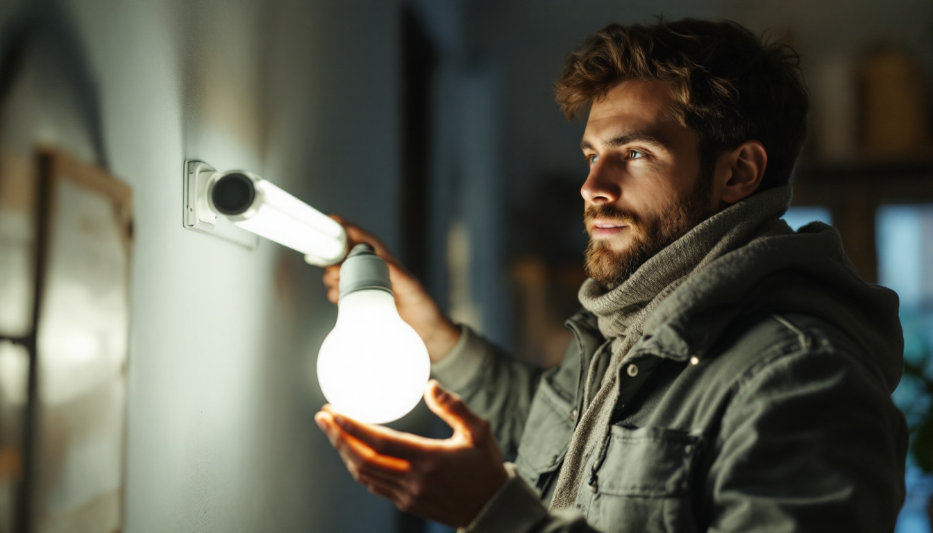 A photograph of a person safely changing a fluorescent bulb in a well-lit setting