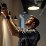 A photograph of a skilled lighting contractor installing or adjusting innovative light fixtures in a modern space