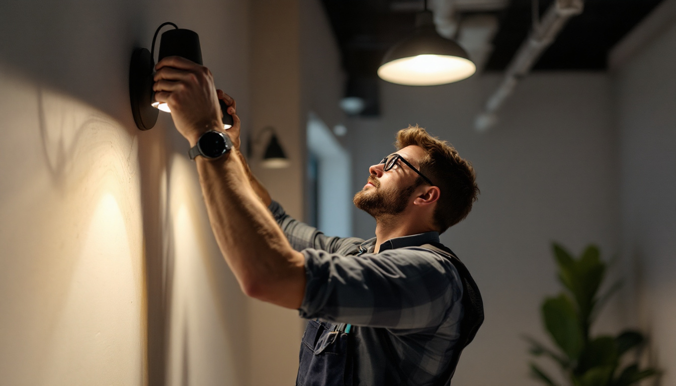A photograph of a skilled lighting contractor installing or adjusting innovative light fixtures in a modern space