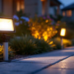 A photograph of a pair of 3-inch led flood lights with side lights installed in a landscaped outdoor setting