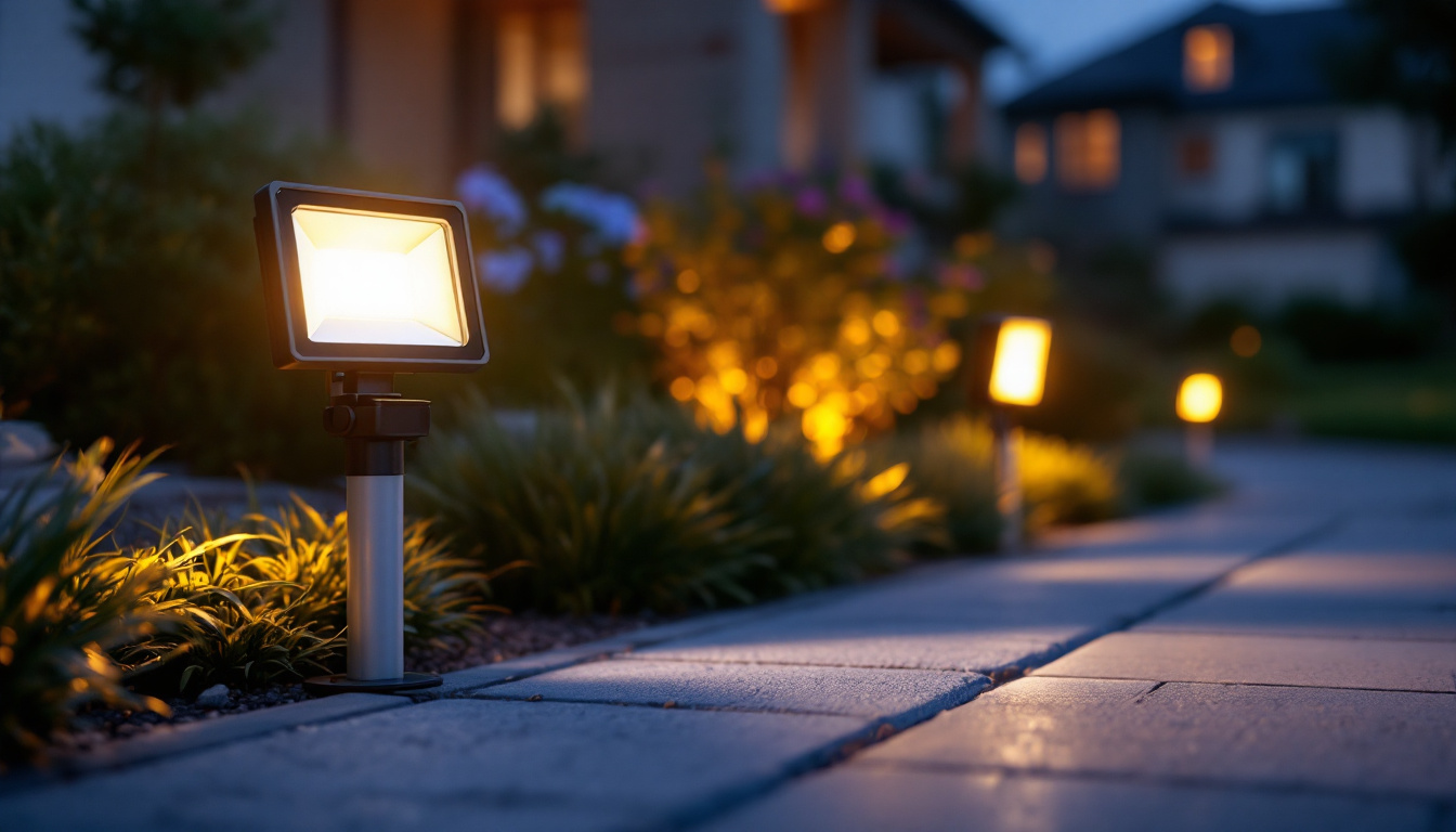 A photograph of a pair of 3-inch led flood lights with side lights installed in a landscaped outdoor setting