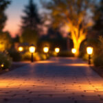 A photograph of a beautifully illuminated outdoor walkway featuring various styles of pathway lights