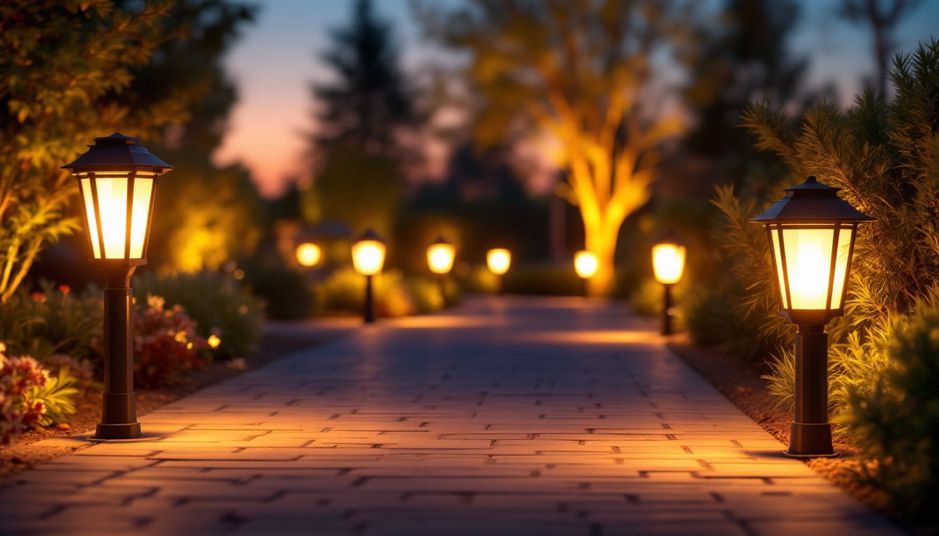 A photograph of a beautifully illuminated outdoor walkway featuring various styles of pathway lights