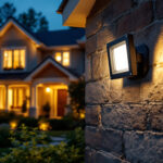A photograph of a lighting contractor installing led exterior flood light bulbs on a residential property