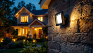 A photograph of a lighting contractor installing led exterior flood light bulbs on a residential property