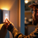 A photograph of a lighting contractor installing a timer light switch in a residential setting