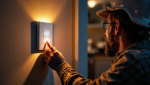 A photograph of a lighting contractor installing a timer light switch in a residential setting