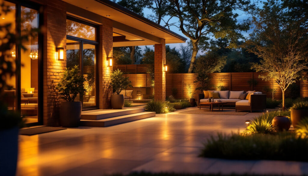 A photograph of a beautifully illuminated patio at dusk