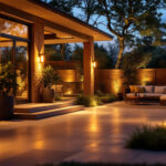 A photograph of a beautifully illuminated patio at dusk