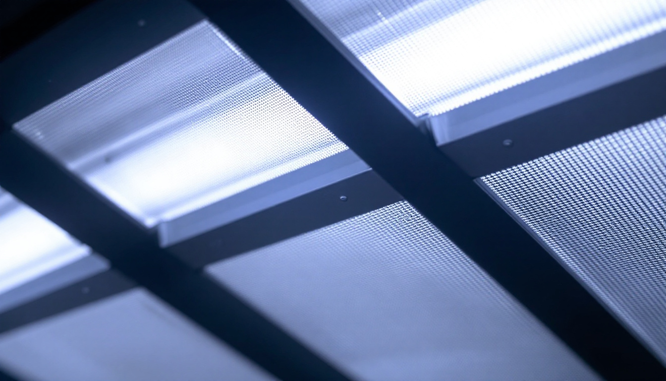 A photograph of a close-up of a fluorescent light fixture with a visible diffuser