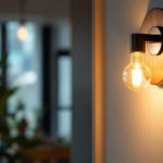 A photograph of a stylishly designed sconce light fixture illuminating a modern interior space