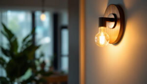 A photograph of a stylishly designed sconce light fixture illuminating a modern interior space
