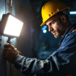A photograph of a lighting contractor efficiently using a bright led work light on a job site