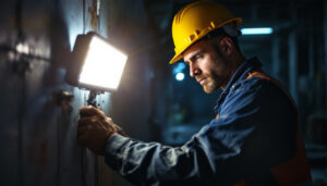 A photograph of a lighting contractor efficiently using a bright led work light on a job site