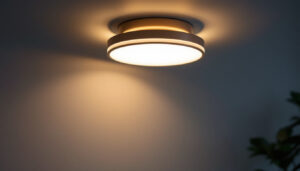 A photograph of a stylish and modern ceiling sconce in a well-lit interior setting