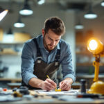 A photograph of a lighting contractor measuring foot candles in a well-lit workspace
