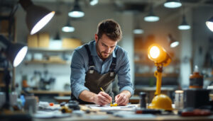 A photograph of a lighting contractor measuring foot candles in a well-lit workspace