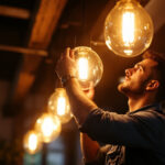 A photograph of a lighting contractor expertly installing or adjusting a modern led lighting fixture in a commercial or residential setting