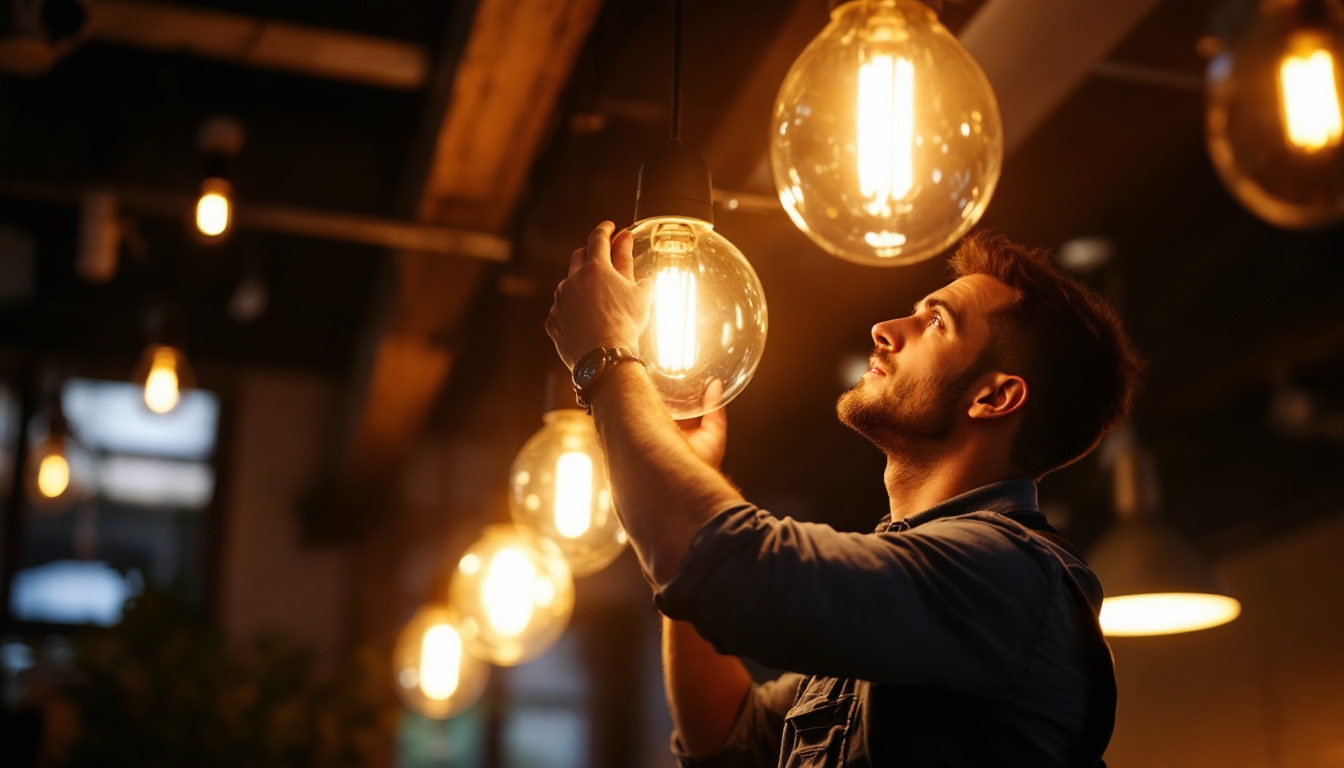 A photograph of a lighting contractor expertly installing or adjusting a modern led lighting fixture in a commercial or residential setting
