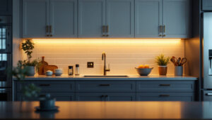 A photograph of a well-lit kitchen showcasing under-cabinet lighting in action