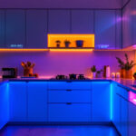 A photograph of a beautifully lit kitchen showcasing vibrant led strip lighting installed under the cabinets
