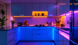 A photograph of a beautifully lit kitchen showcasing vibrant led strip lighting installed under the cabinets
