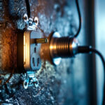 A photograph of a close-up view of a duplex receptacle installed in a well-lit