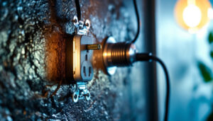 A photograph of a close-up view of a duplex receptacle installed in a well-lit