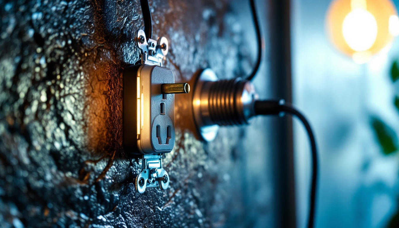 A photograph of a close-up view of a duplex receptacle installed in a well-lit