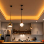 A photograph of a beautifully designed kitchen ceiling showcasing various lighting options