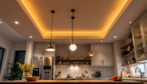A photograph of a beautifully designed kitchen ceiling showcasing various lighting options