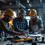 A photograph of a diverse group of lighting contractors collaborating in a well-lit workspace