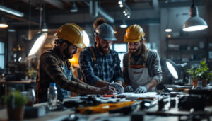A photograph of a diverse group of lighting contractors collaborating in a well-lit workspace