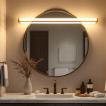 A photograph of a beautifully designed long vanity light installed above a stylish bathroom mirror