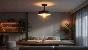 A photograph of a stylish modern semi flush mount light fixture elegantly illuminating a contemporary living space