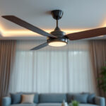 A photograph of a stylish and modern ceiling fan installed in a beautifully designed living space