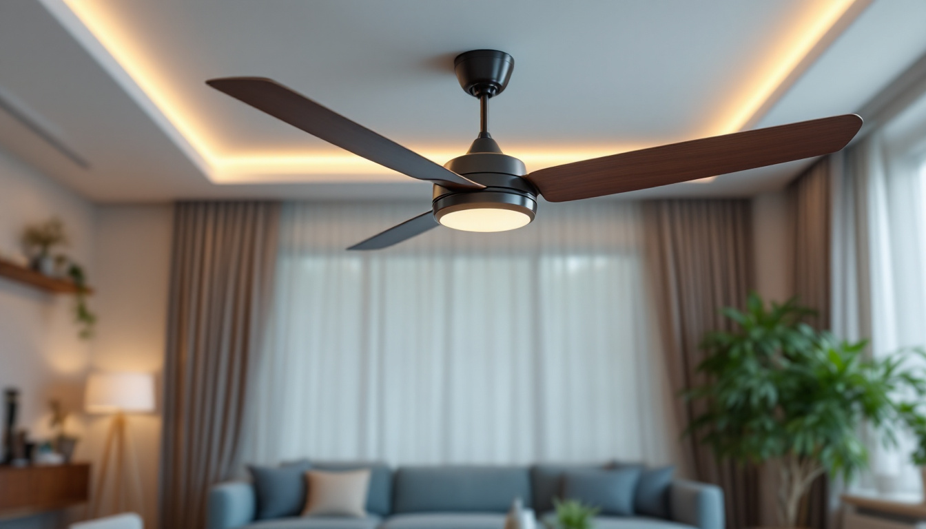 A photograph of a stylish and modern ceiling fan installed in a beautifully designed living space
