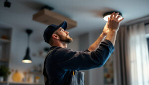 A photograph of a lighting contractor installing or adjusting modern led recessed lighting fixtures in a stylish